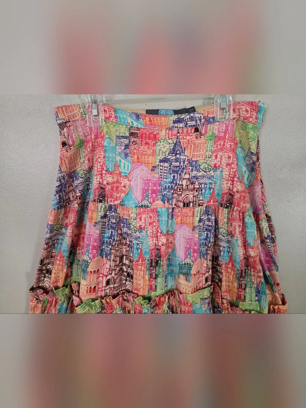 Eva Franco Villa Tiered Maxi Skirt Cityscape Pattern Women's Size 4